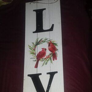Wooden Vertical Porch "LOVE" Plaque Sign, Cardinal n Wreath. Rustic, Farmhouse T
